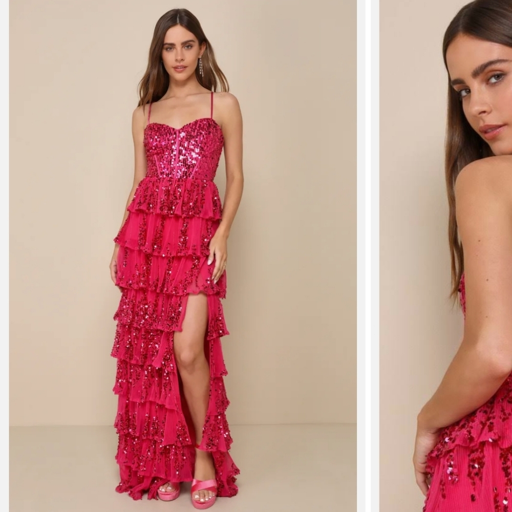 Shimmering Muse Magenta Sequin Tiered Lace-Up Maxi Dress